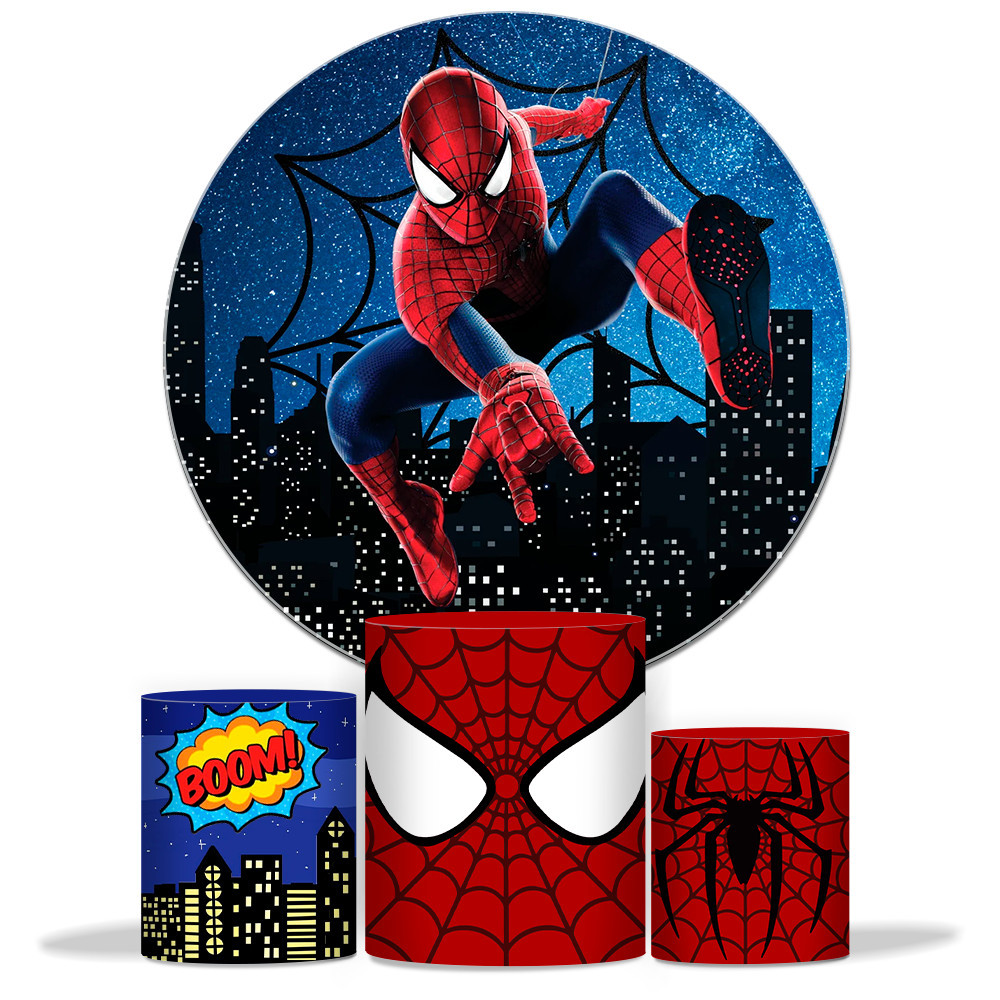 Painel De Aniversário Homem Aranha Kit Capa De Painel + Capa De Cilindros Spider Man Redondo