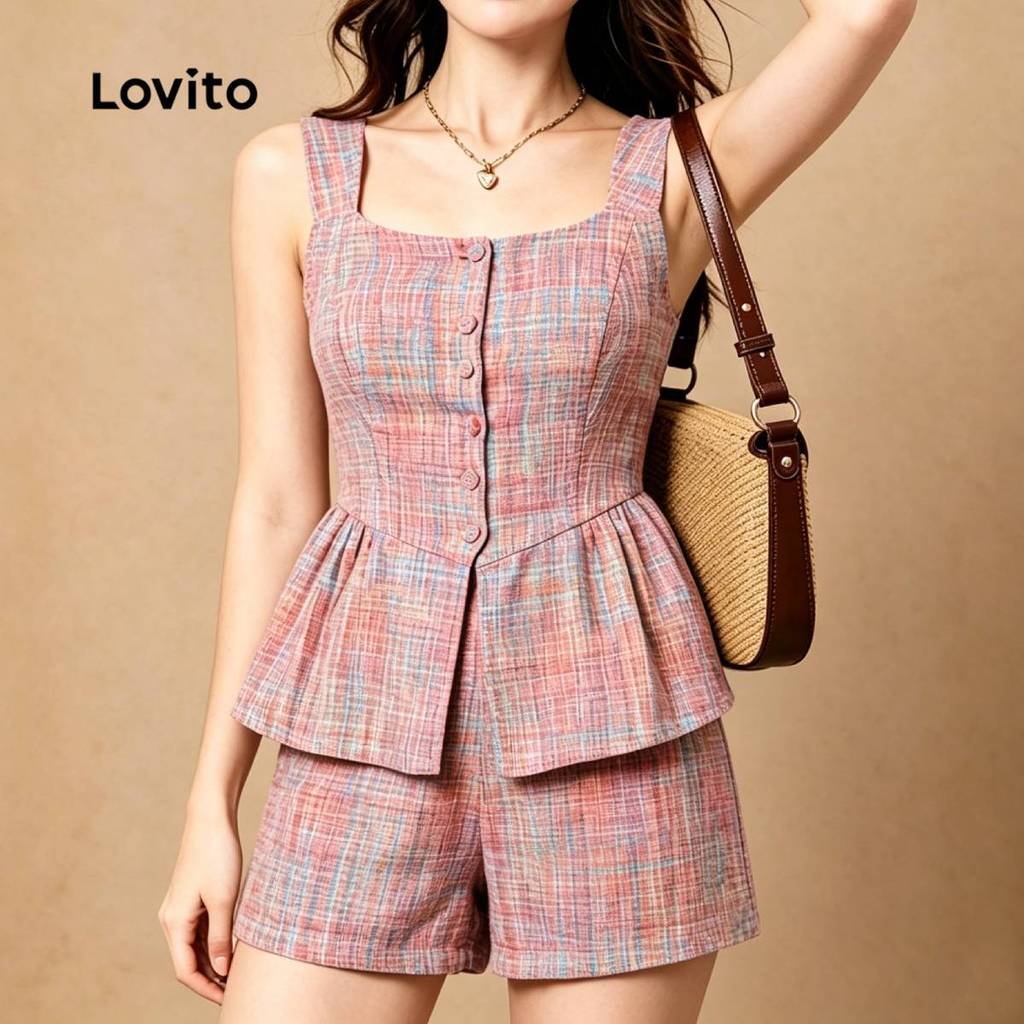 Lovito Conjunto Casual de Shorts com Estampa Geométrica Plissada Shorts Rosa para Mulheres L198ED584 — imagem 2 de 2