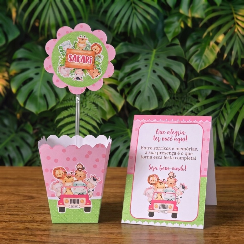 Centro de mesa + Plaquinhas SAFARI MENINA ROSA lembrancinhas personalizadas mimos aniversario infantil decoração mimos