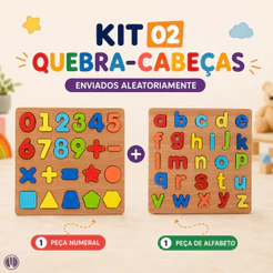 Kit 2 Quebra Cabeça Madeira 3D Letras Formas Números Brinquedo Educativo Pedagógico