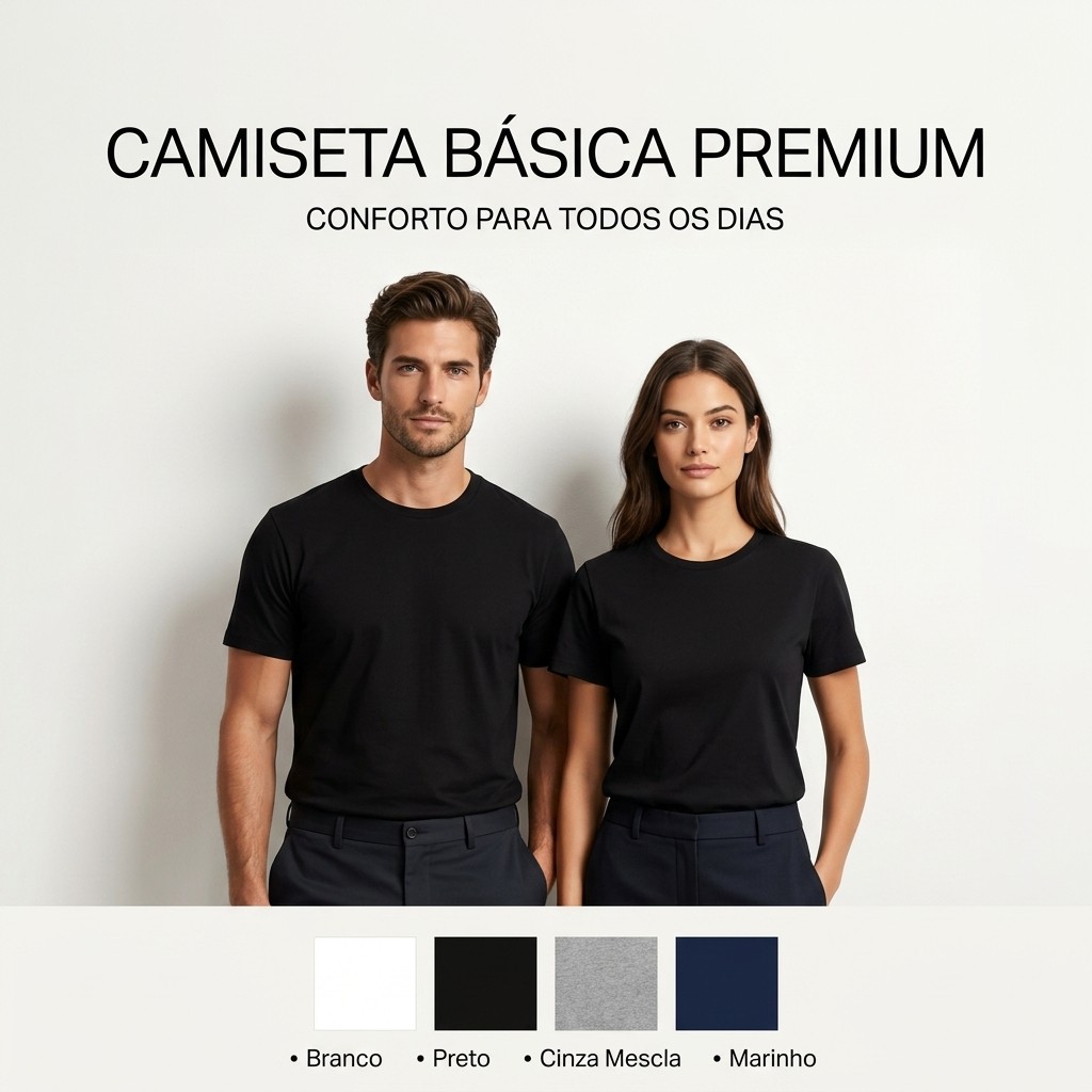 Camisa Camiseta Básica Unissex 100% Algodão Manga Curta Gola Redonda Premium  Confortável Casual Tecido Reforçado