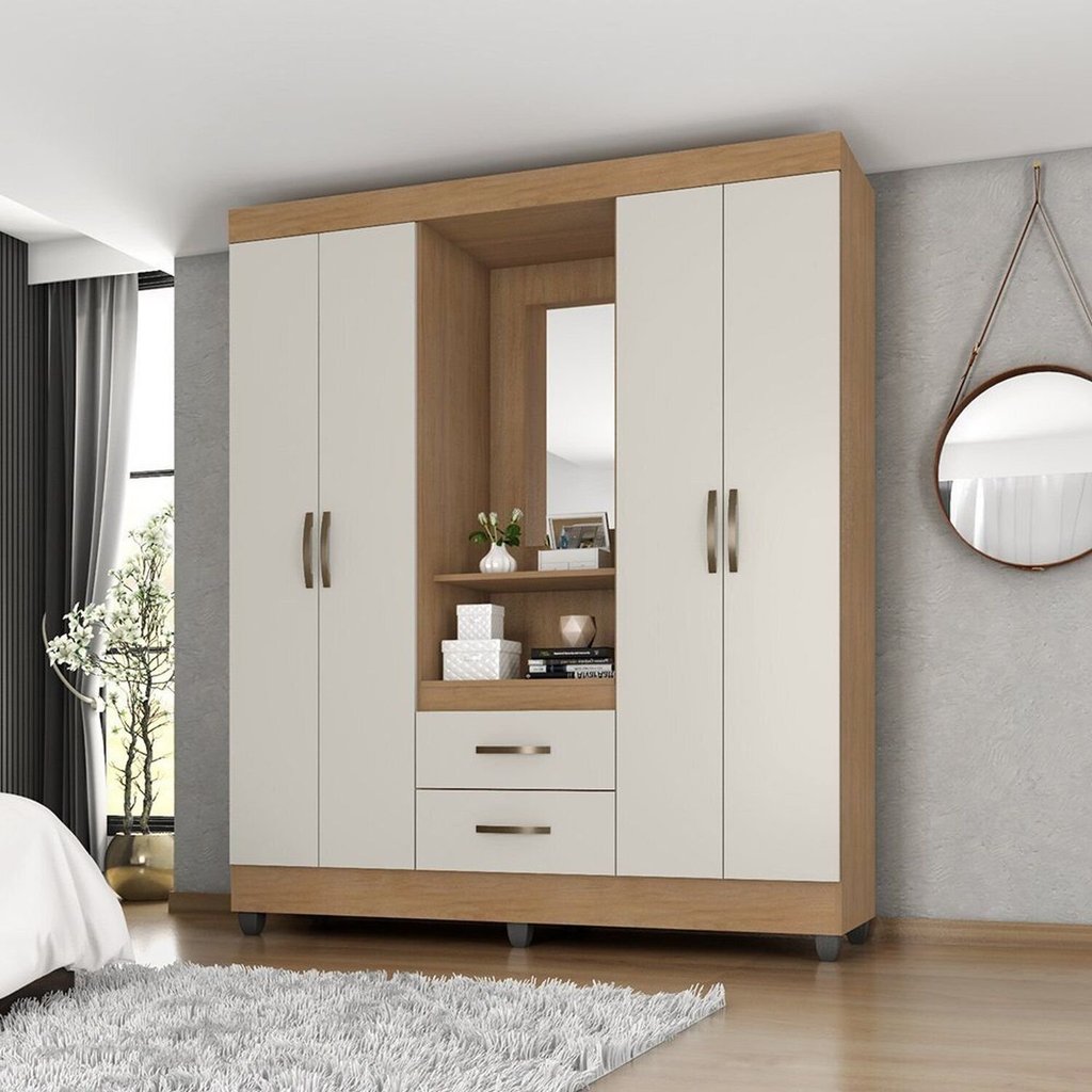 Guarda Roupa Casal Capela com Espelho 4 Portas e 2 Gavetas e Pés Lite Marrom/Nature/Off White Nature/Off White