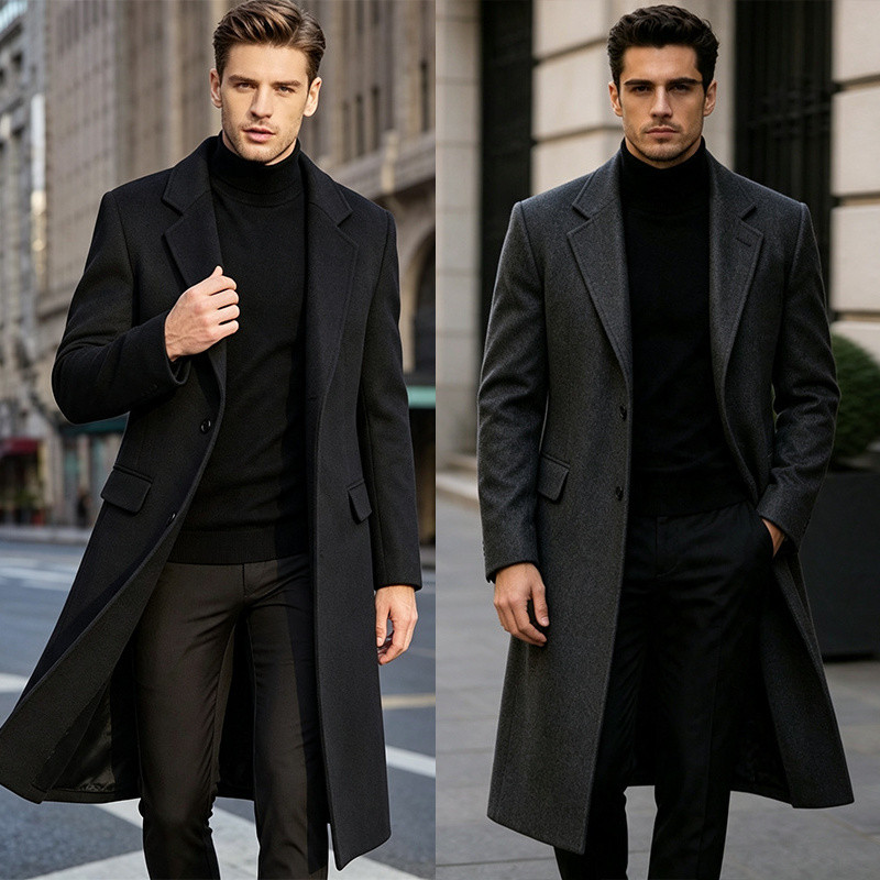 Sobretudo Masculino Médio-longo de Lã com Gola de Terno, Casaco Elegante para Outono e Inverno