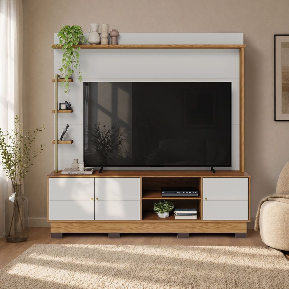 Estante para TV e Home Theater até 70 Polegadas 180cmx186,5cm 3 Portas Paraná Branco Off White Matte/Freijó Off White