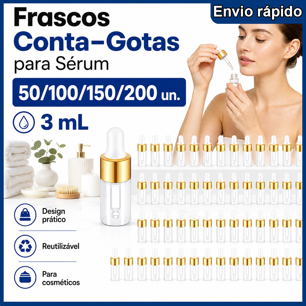 Frascos Conta-Gotas 50/100/150/200 Peças de Vidro 3mL Dourado para Perfumaria, Maquiagem, Essências e Amostras