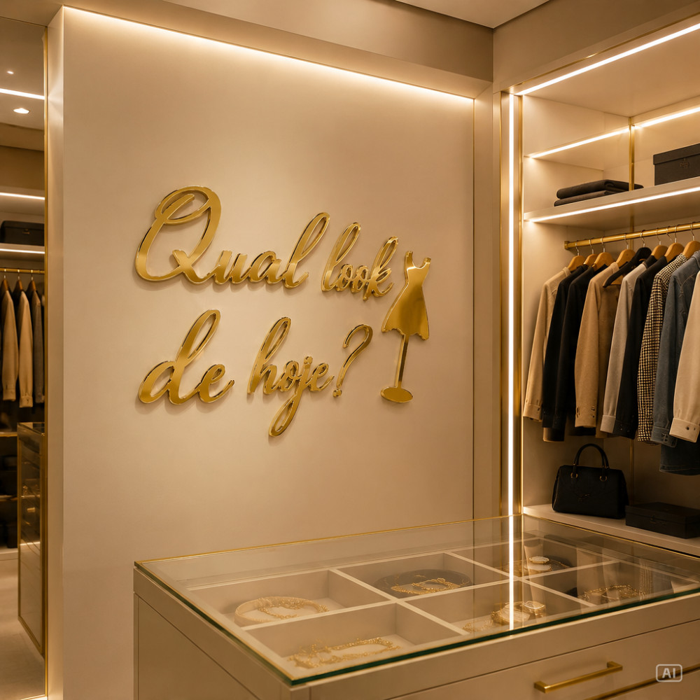 Quadro Frase Qual Look de Hoje MDF Acrílico 60cm Decoração Loja de Roupas Boutique Provador Closet Presente