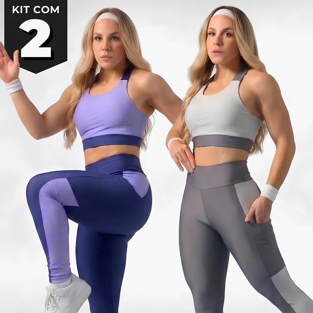 Kit 2 Conjuntos Fitness Academia Bicolor Calça Cós Alto e Top | Zero Transparência Suplex Premium com Bojo Removível. — imagem 1