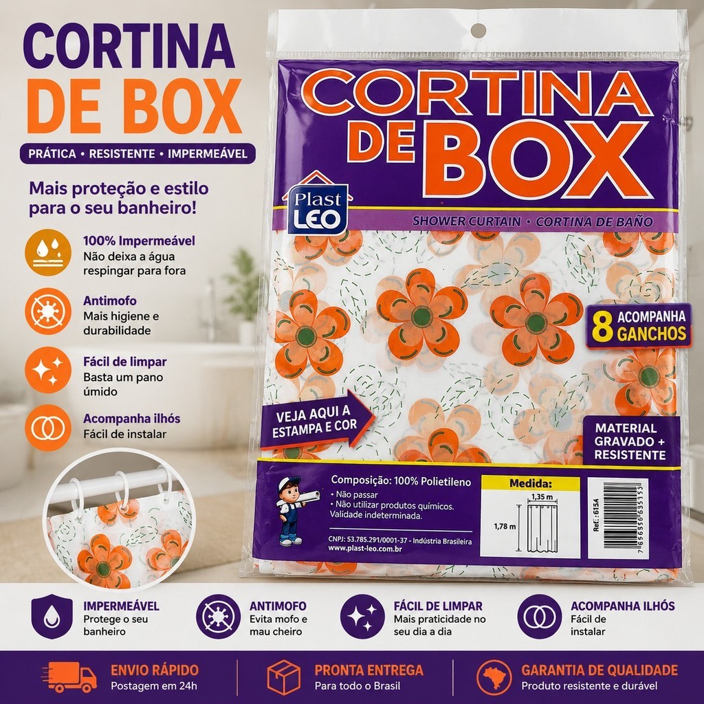 Cortina Para Box Banheiro Impermeável Antimofo 8 Ganchos
