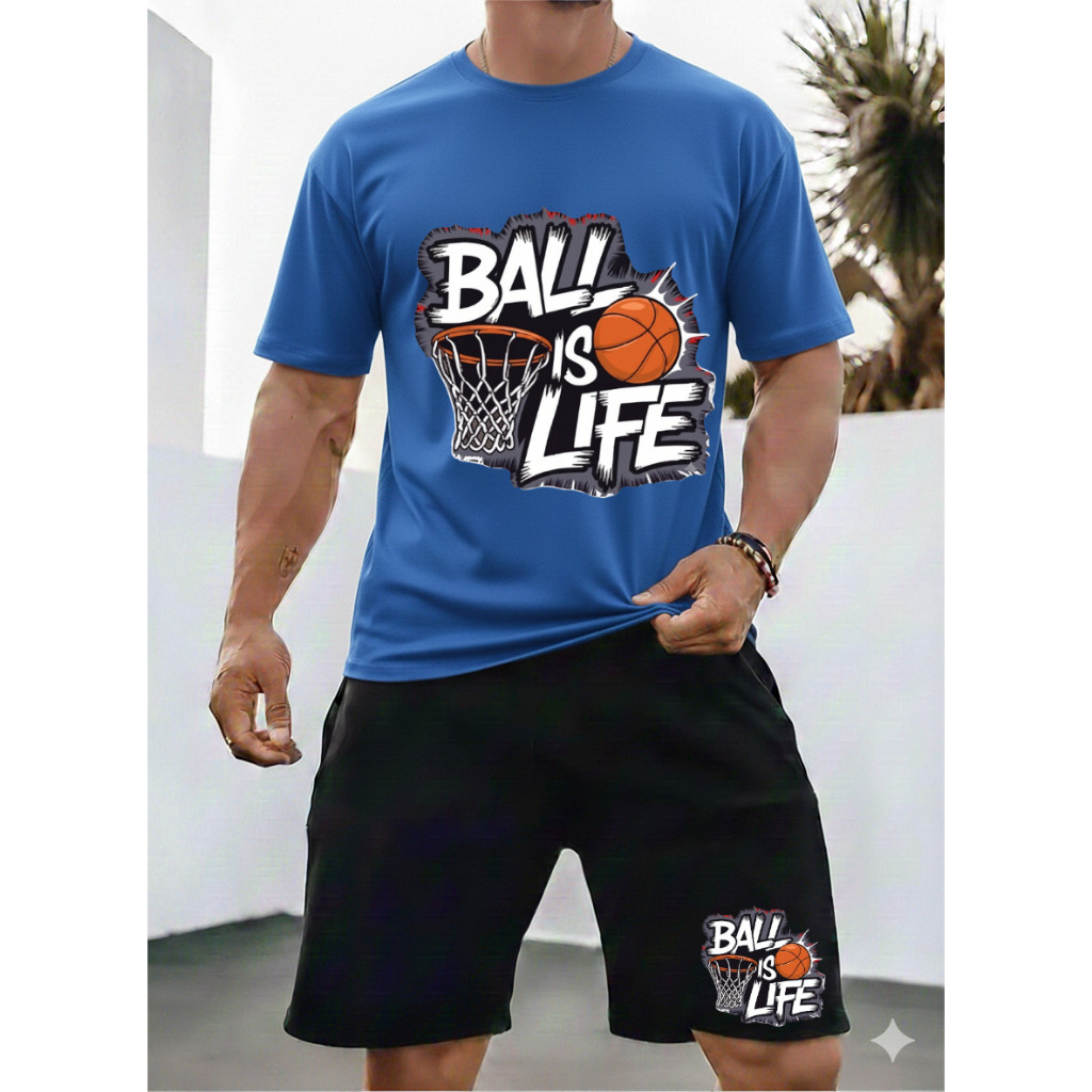 Conjunto 2 Peças Bermuda Moletom+ Camiseta Algodão Básica Estampada Desenho Basquete BALL IN LIFE PROMOÇÃO LANÇAMENTO
