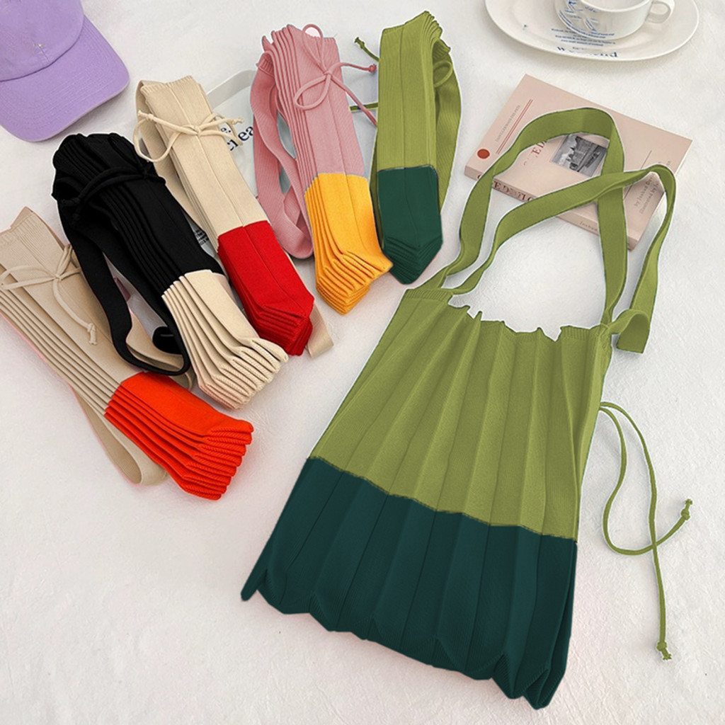 Portable Shoulder Bag Washable Foldable Reusable Grocery Tote – Color Block Pleated Shopping for Errands Lightweight D