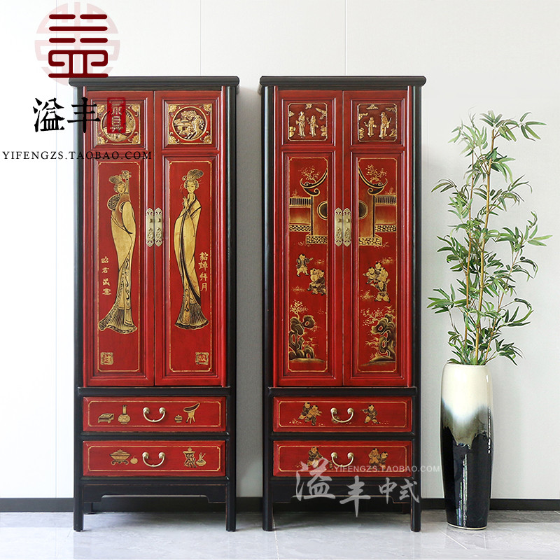 Novo estilo chinês armário de madeira maciça antigo desenho pintado a ouro decoração clássica armário de exibição modelo