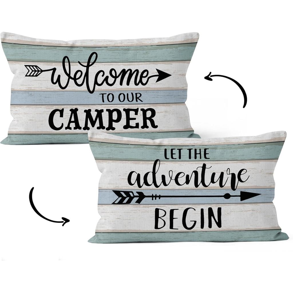 HIWX Que a Aventura Comece Bem-vindo à Nossa Capa de Almofada Decorativa para Camper, Tema Rústico de Camping para Decor