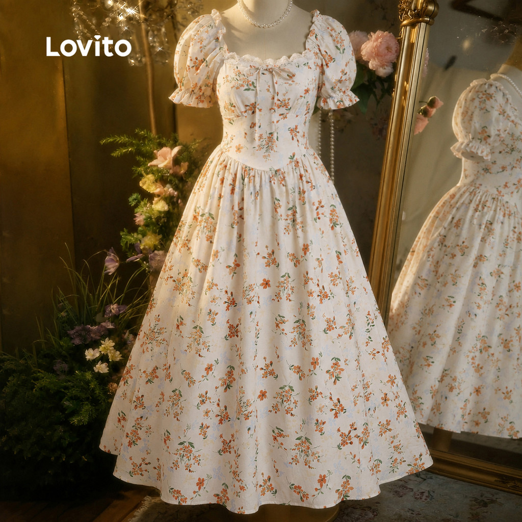 Lovito Vestido Elegante com Babados No Decote e Amarração Vestido de para Mulheres Bordado DRK8P1D622 · foto 2