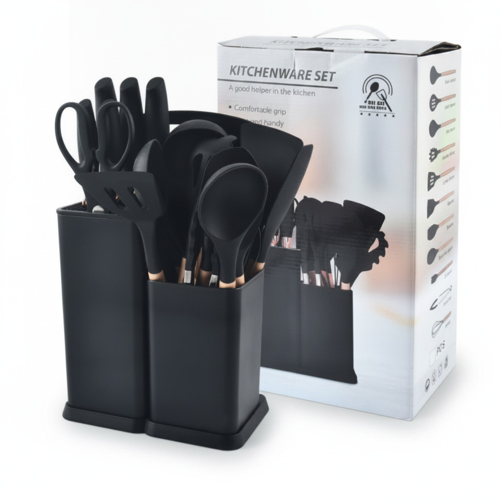 Kit Utensilios Cozinha Silicone 19 Peças Cabo Madeira Suporte Organizador Resistente Calor Antiaderente Design Moderno
