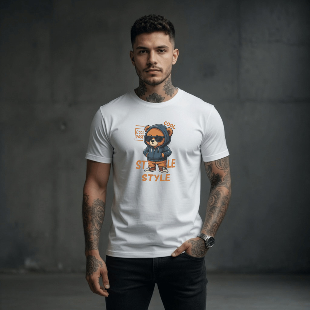 Camiseta Masculina Estampada Urso Com Jaqueta 100% Algodão Premium Camisa Blusa Homem Academia Confortavel Plus Size