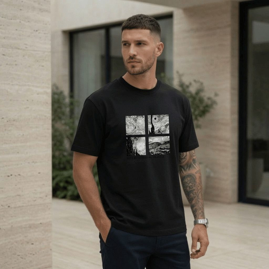 Camiseta Masculina Estampada Van Gogh Sem Cor 100% Algodão Premium Camisa Blusa Homem Academia Confortavel Plus Size