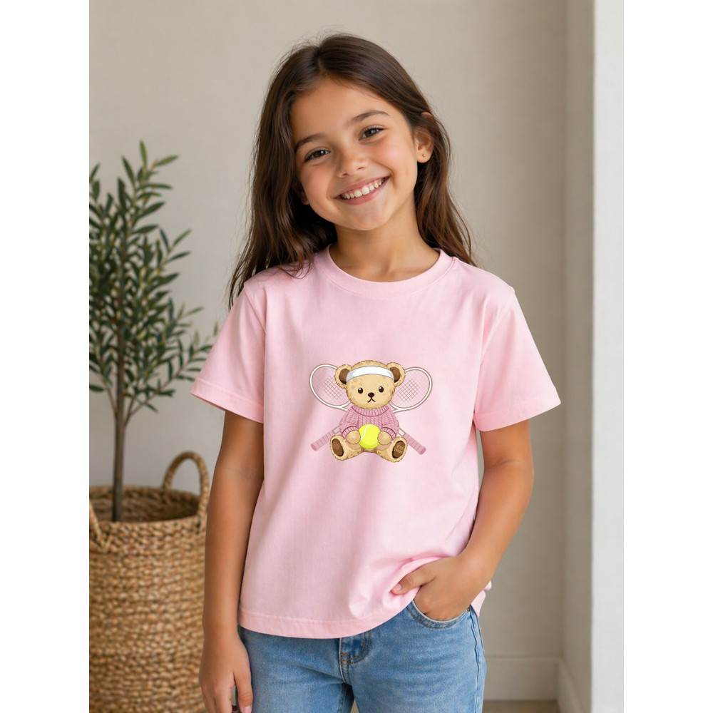 Camiseta Blusa Infantil Ursinho Jogador de Tenis Modinha Estampa Pinterest em Algodão 100% Confortável Unissex