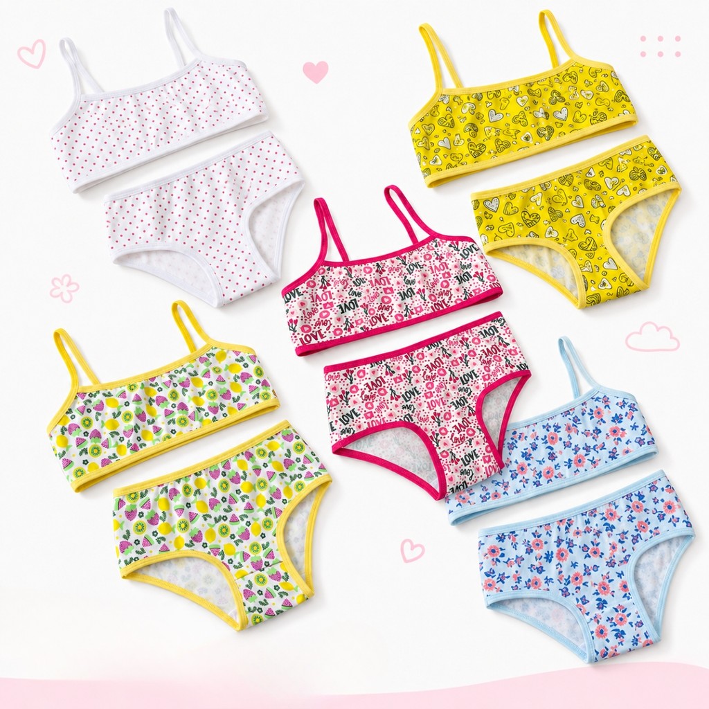 Kit 5 ou 7 Conjuntos Infantis Femininos Top e Calcinha Estampados Roupa Íntima Menina Mocinha