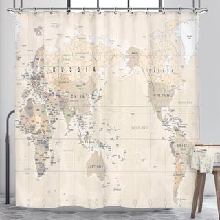 Cortina de Chuveiro Mapa Mundi Riyidecor Bege Educacional Vintage Geografia Retro Países Capital da Terra Decoração de V