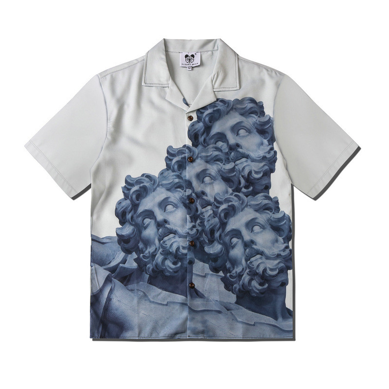 [Novo produto] Marca de rua homens mulheres casais soltos estátua Casual impressão Digital camisa de lapela de manga cur