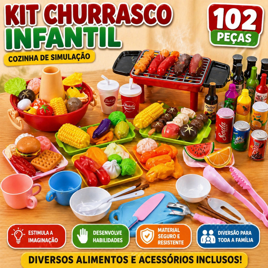 102 Pçs Brinquedos de Churrasco Infantil com Grelha Cozinha de Simulação Utensílios Educativos Presentes Natal Crianças