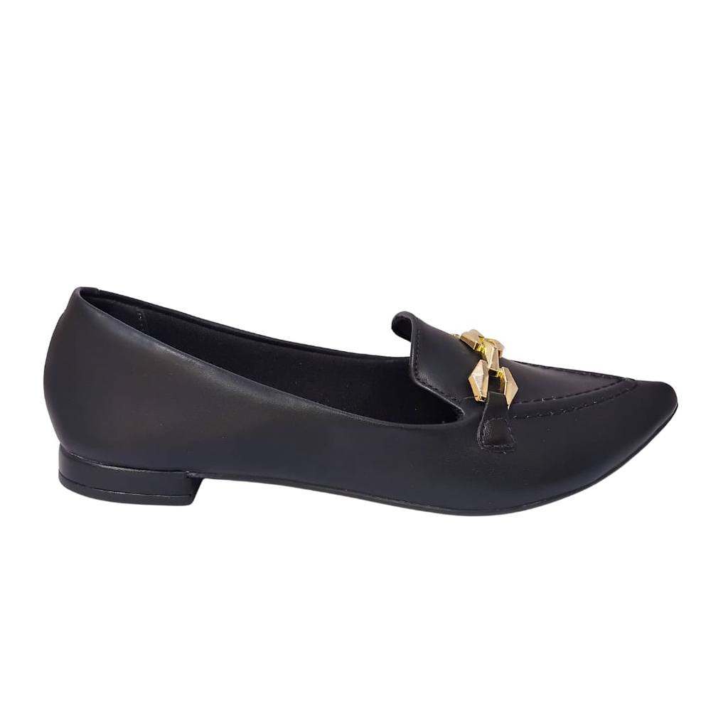 Sapatilha Feminina Mocassim Bico Fino Detalhe Metal Dourado SC15056 Elegante Moda Estilo Confortável Trabalho