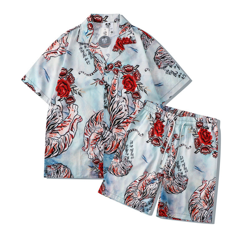 [Novo produto] Camisa estampada Digital de rua terno Casual tigre solto Shorts de manga curta masculino [venda quente]