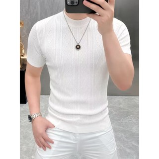 Jacquard masculino pequeno meados de pescoço de manga curta camiseta verão 2026 novo estilo fino ajuste na moda apertado