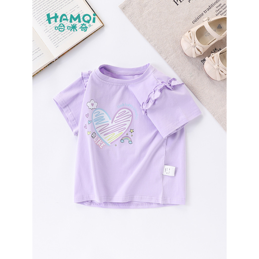 Meninas camiseta de manga curta verão crianças dos desenhos animados em forma de coração impresso meia manga bebê novo e
