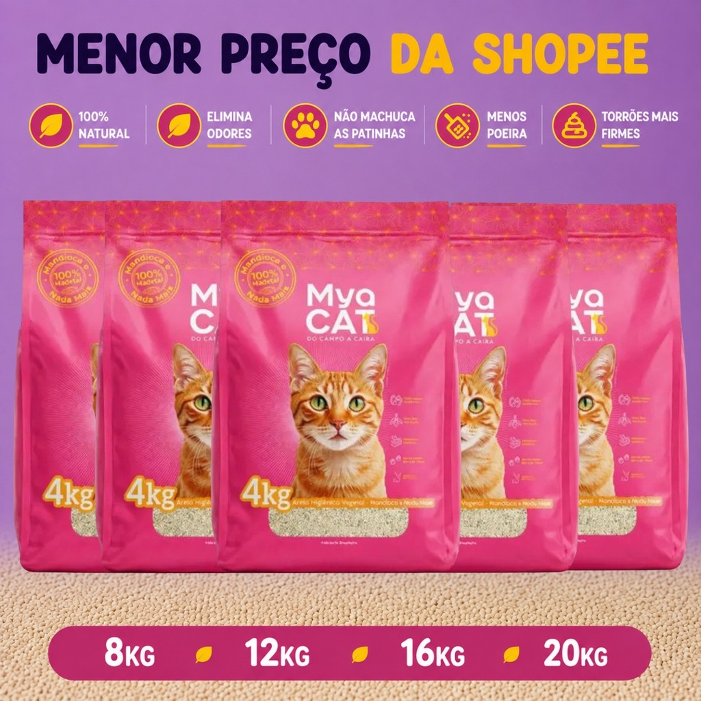 Kit Atacado Areia Mya Cat 8kg a 20kg Biodegradável Mandioca Elimina Odor Gatos