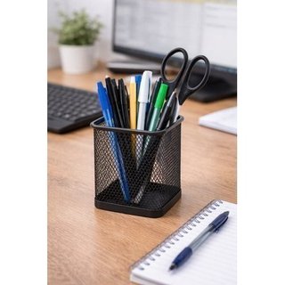 Organizador Porta Canetas Aramado Preto Quadrado Aco Mesa Escritório Prático