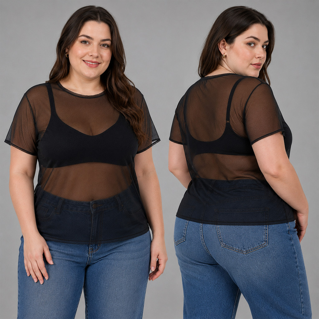 Blusa Feminina De Tule Plus Size Transparente Academia Fitness Camisão Esportiva Manga Curta Casual