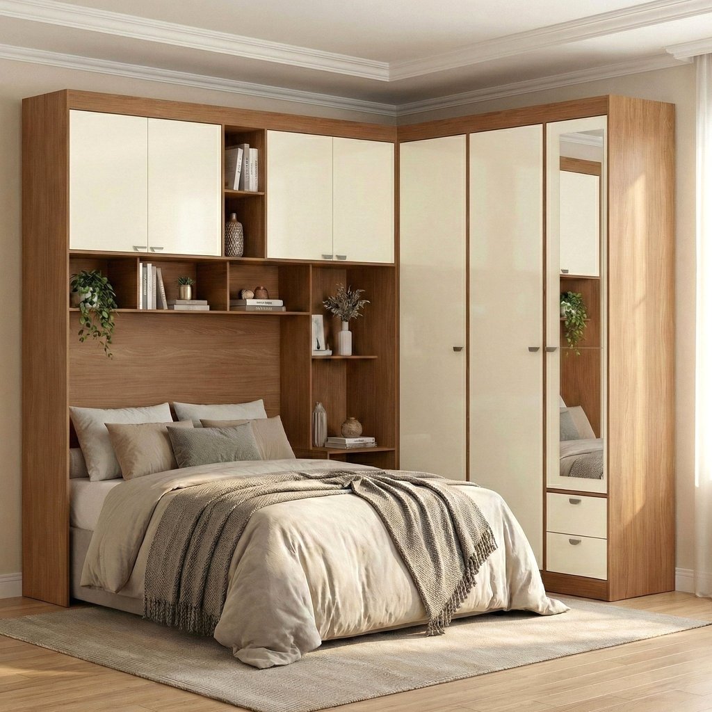 Guarda Roupa Casal Modulado com Espelho e Cabeceira 7 Portas 4 Gavetas Lugano Bege/Jatobá/Areia Jatoba/Areia
