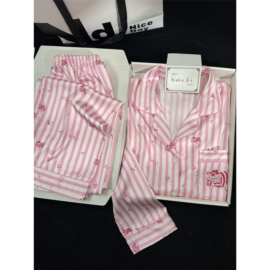 Calças de manga comprida de seda gelo pijamas femininos 2026 novo estilo primavera outono doce seda Homewear terno High-