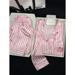 Calças de manga comprida de seda gelo pijamas femininos 2026 novo estilo primavera outono doce seda Homewear terno High-