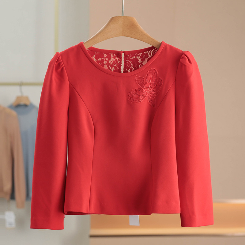 Tag 1699 [Hang * Ti] Camisa de Chiffon com costura de renda e gola redonda pegajosa 2025 inverno novo estilo roupas femi