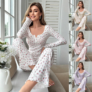 Pijama de manga comprida com estampa floral pequena e bordas enroladas, conjunto de roupa de casa longa para mulheres.