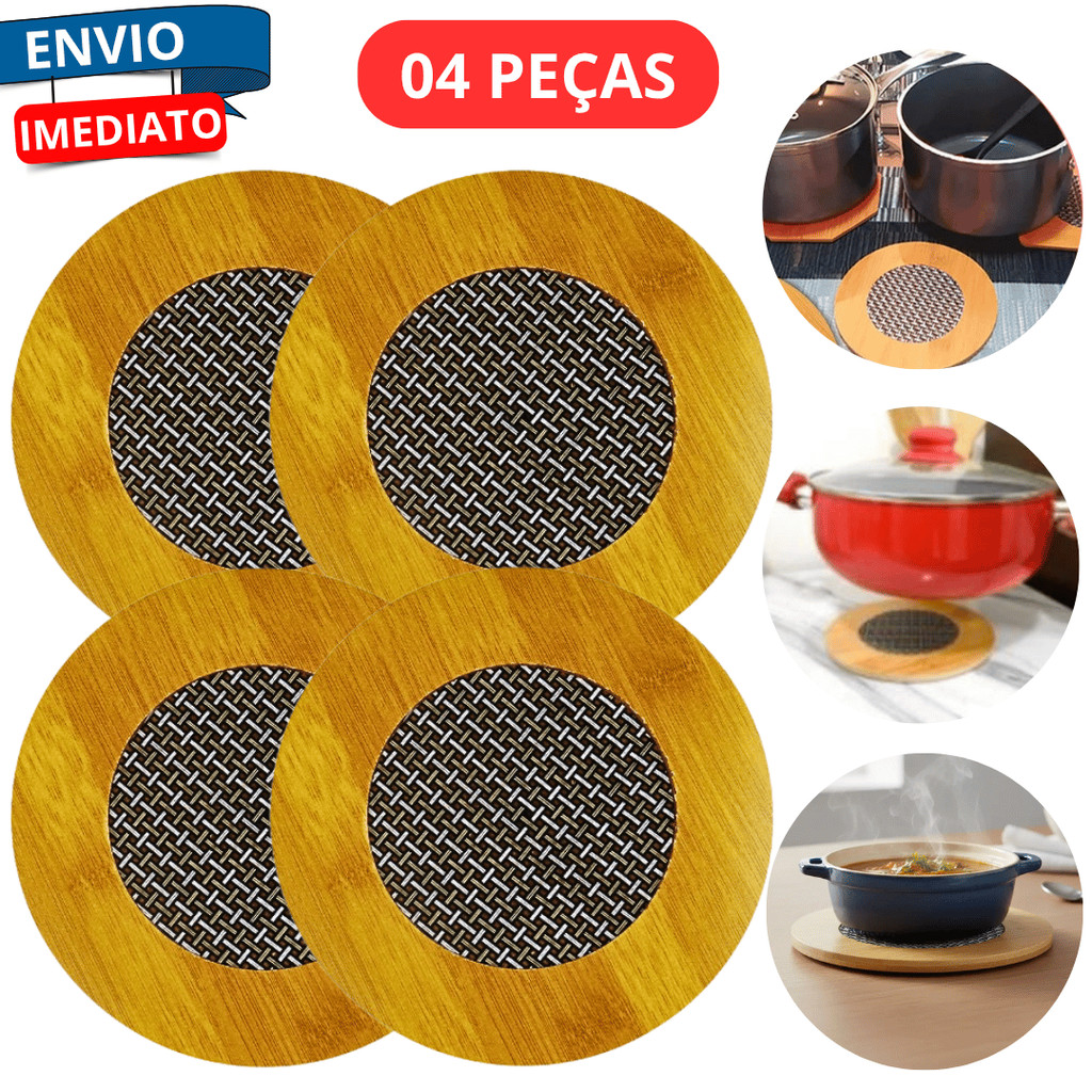 Kit 4 Descansos de Panela Apoio Base Redondo Antiderrapante MDF Aço Inox Suporte Térmico Mesa Bancadas