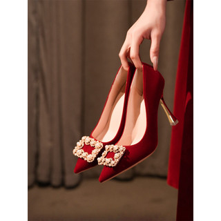 Retro elegante vermelho sapatos de casamento feminino pérola fivela quadrada apontou Toe salto alto estilo chinês Xiuhe 