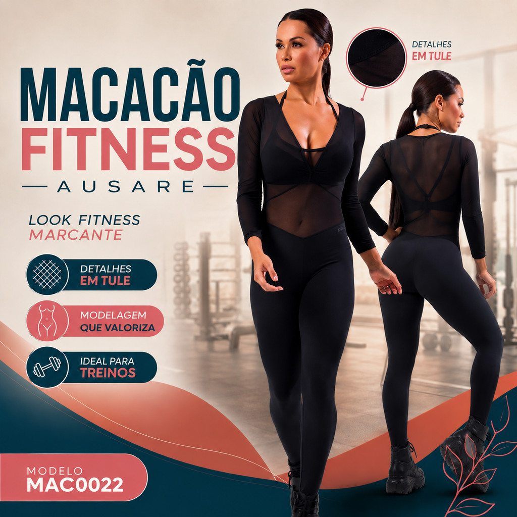 Macacão Fitness Feminino Ausare MAC0022 Preto Com Tule Para Academia Treino Esportivo Moda Fitness Musculação Exercícios