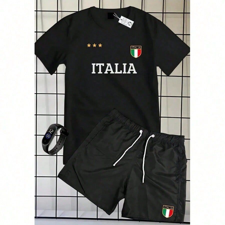 Kit Masculino Camisa Algodão + Short Tectel Elastano Academia Italia Conjunto Camiseta + Bermuda Casual Ou Lazer Praia