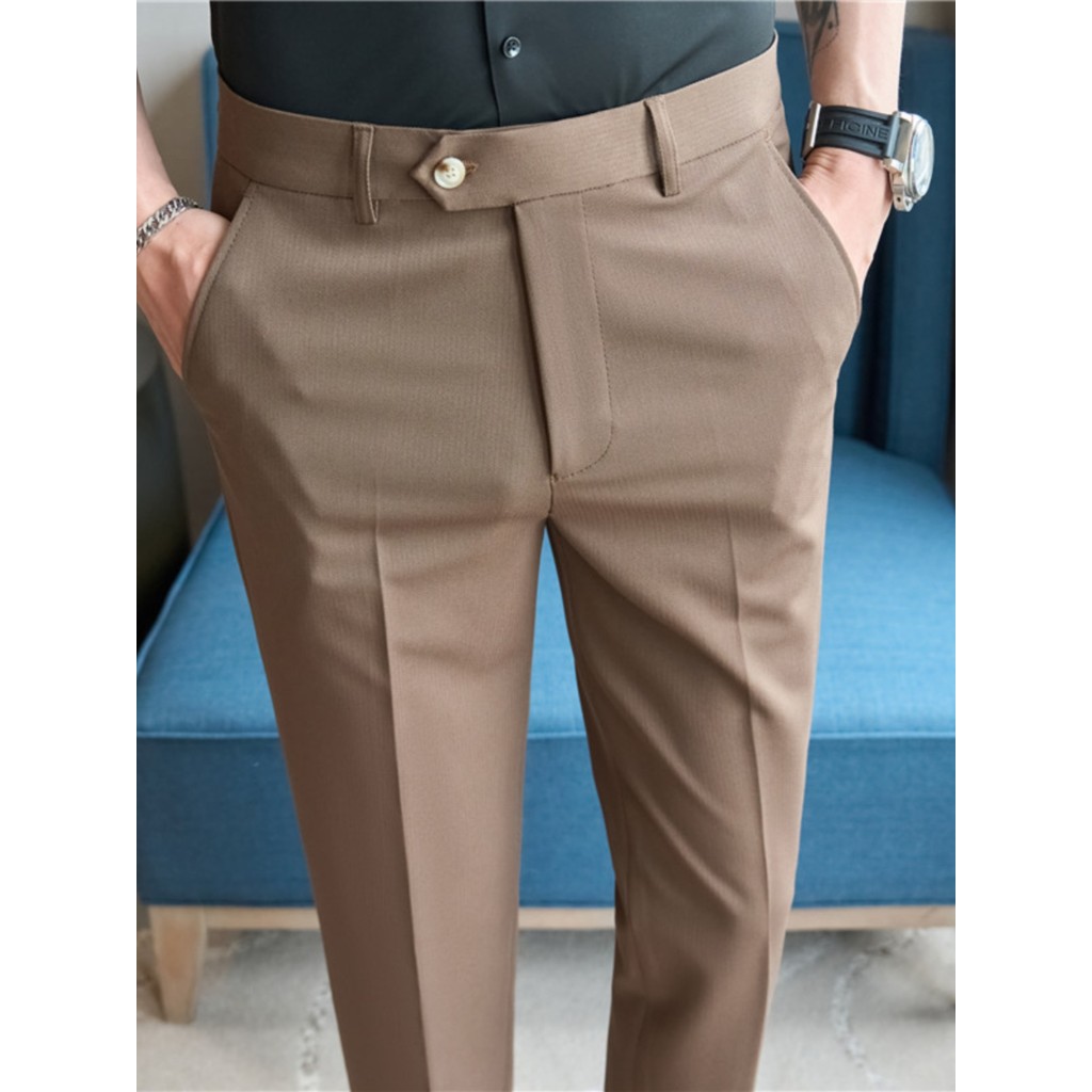 2024 novo estilo na moda calças listradas escuras calças casuais masculinas estiramento fino ajuste pés pequenos terno T