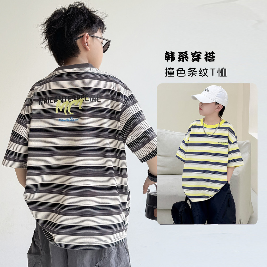 Versão coreana listrado camiseta meninos de manga curta solta Casual bonito topo 6 novo estilo médio grande crianças mod