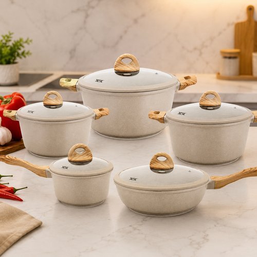 Jogo 5 Panelas Granito Revestimento Cerâmico Antiaderente Branco Cozinha Completa Panela Caçarola Kit 5 Peças