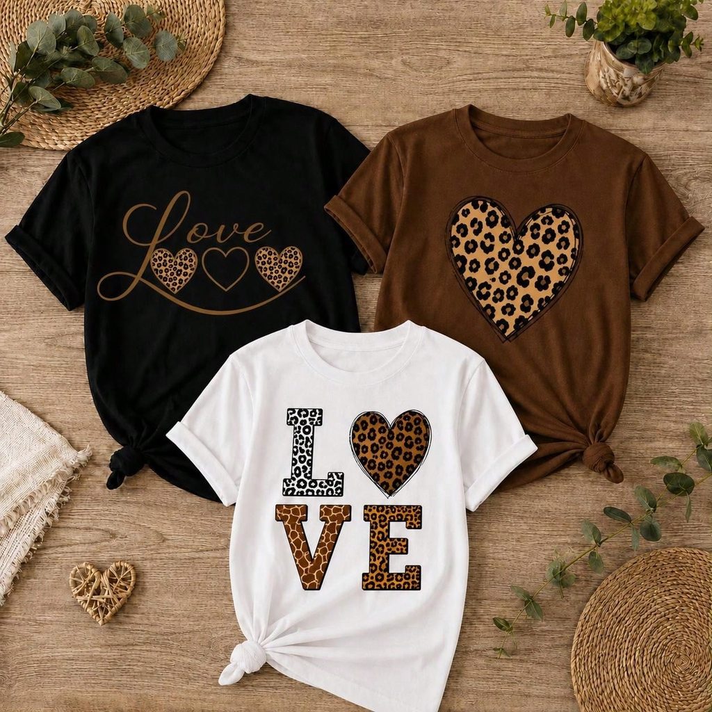 Kit 3 Camiseta Femininas Love Onça + Coração Onça + 3 Corações Onça 100% Algodão Casual Streetwear