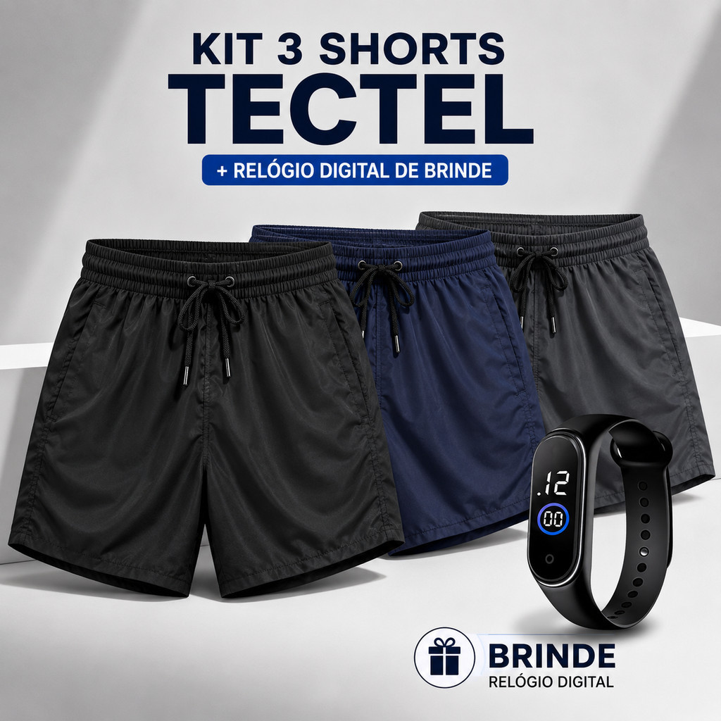 Kit 3 Shorts Masculino Tactel com Elastano + Relógio Digital Brinde Bermuda Esportiva Academia Praia Corrida com Bolso
