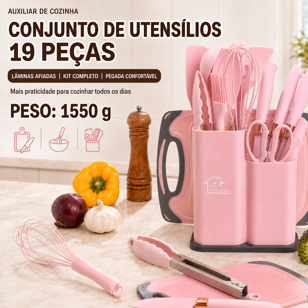 Kit Utensílios de Cozinha 19 Peças, silicone antiaderente, resistente ao calor, conjunto completo para cozinha doméstica