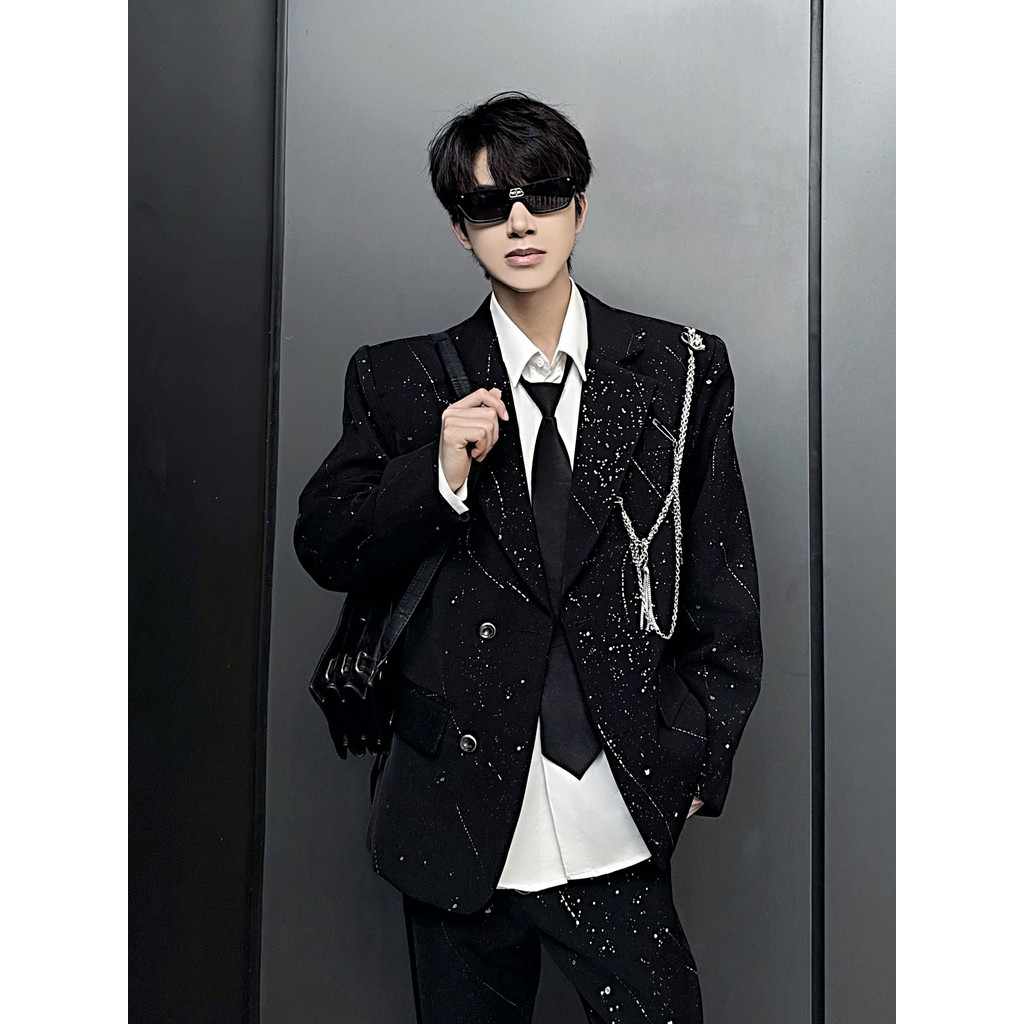 Preto Gypsophila Blazer masculino brilhante High-End Design rufião bonito Casual corrente ombro almofada pequeno terno t