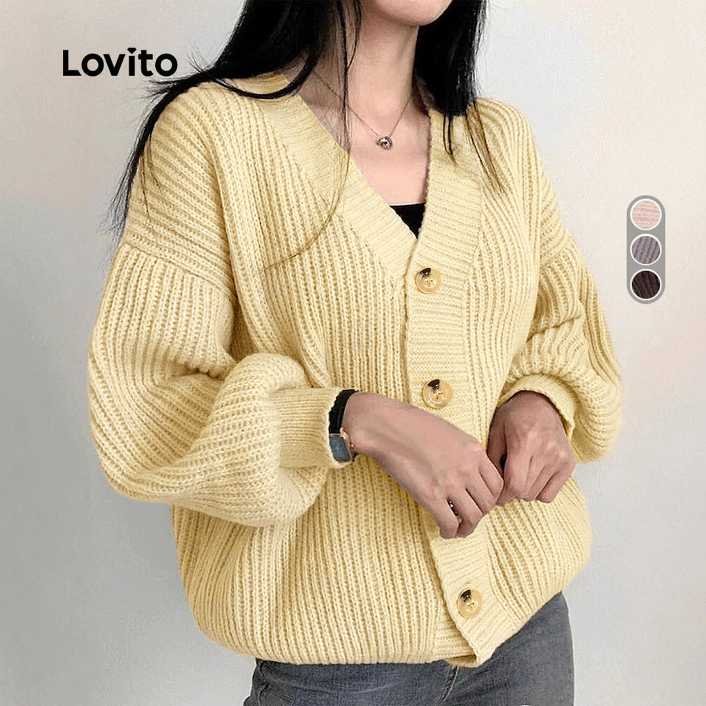 Lovito Cardigãs Casuais Botão Frontal Pregas Cinza Outono/inverno para mulheres CDNS149P1D468 · foto 2