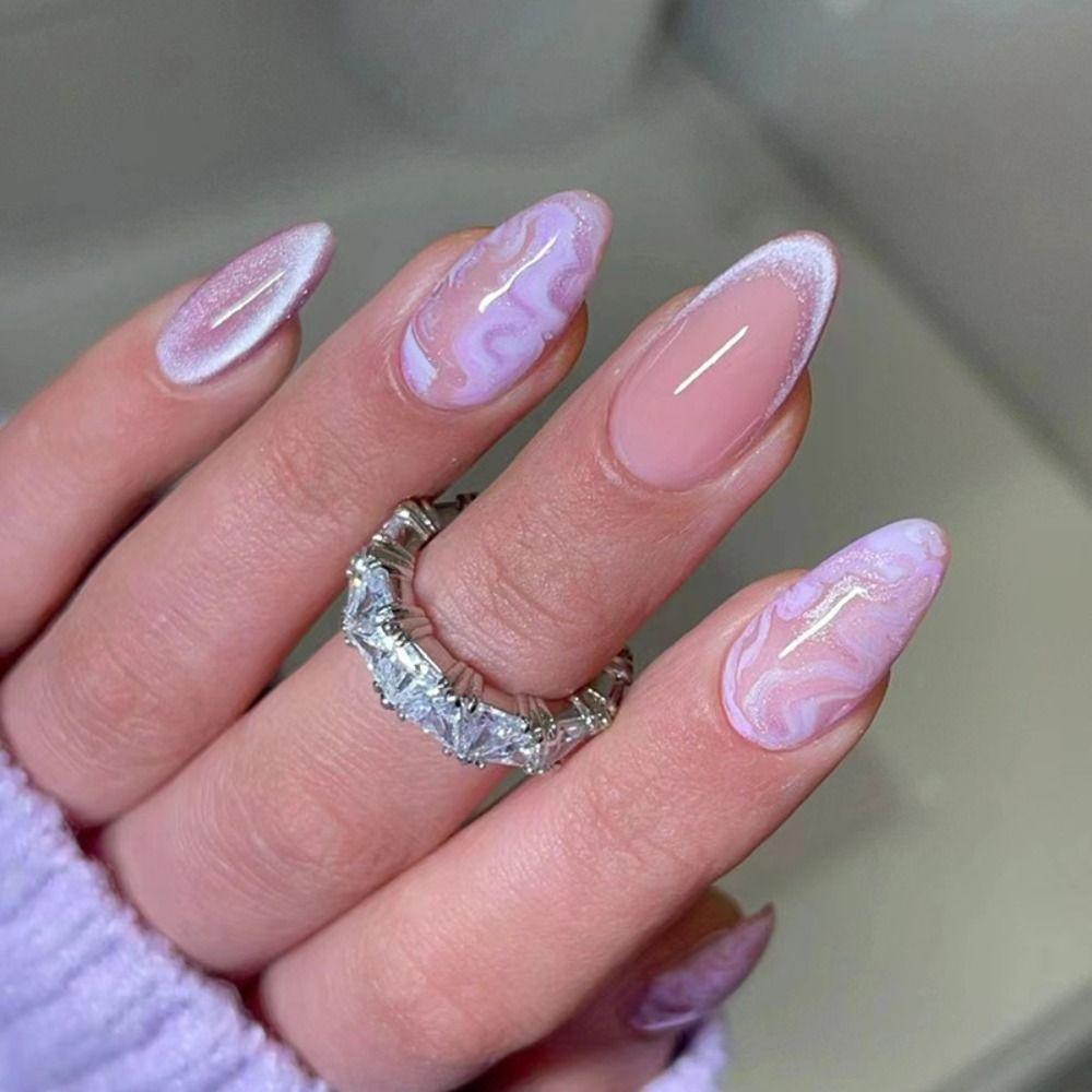 Falso Nials , Unhas Postiças Francesas Roxas , Olho De Gato Cereja Borboleta Flor Longa Amêndoa Imprensa Nas